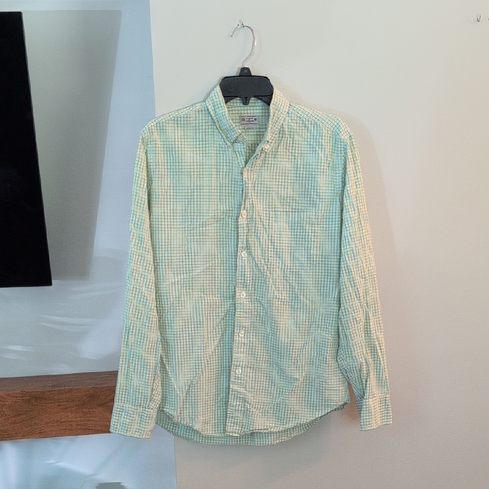 J. Crew Men's Blue and Yellow Checkered Button Down Shirt